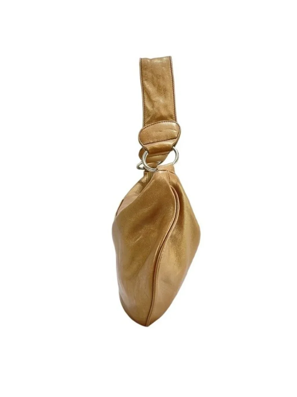 Bolsa Metallic Gold Lambskin Leather Shoulder Bag With Ultrasuede Lining Zip Clo
